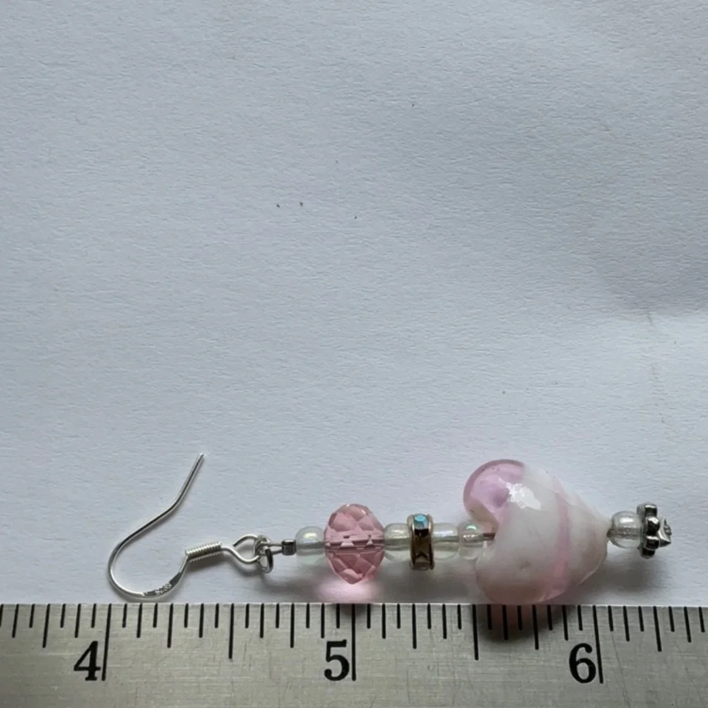🟡Brand New SS Lampwork Glass Heart Dangling/Drop Earrings, Handmade Pink & White